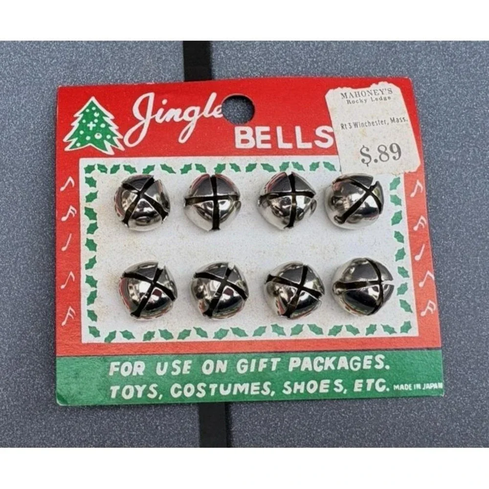 Vintage Christmas decor craft NOS silver Jingle Bells on card Made in Japan